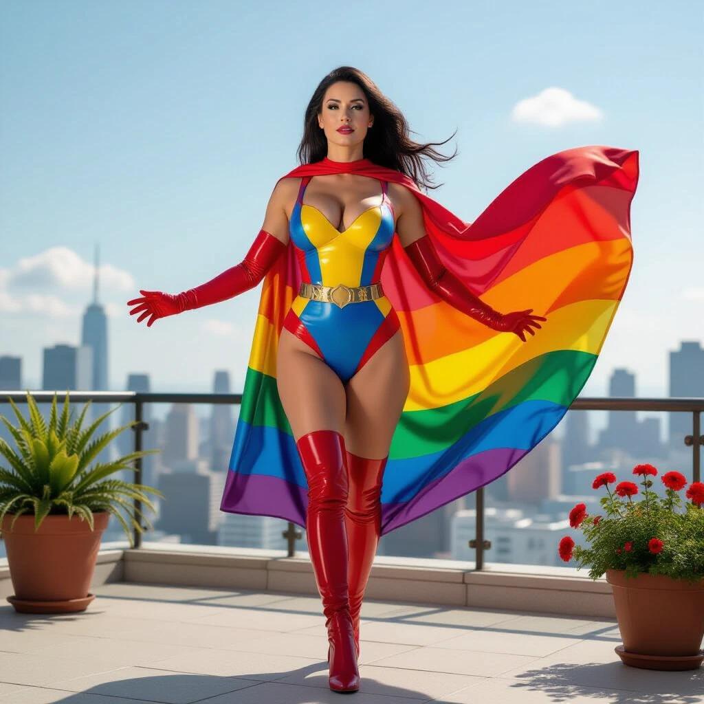 Empowering superheroine dressed in a colorful latex bodysuit. She wears a flowing rainbow cape. Terraced setting with an urban skyline in the background. Clear blue sky. She stands confidently with levitation stance.