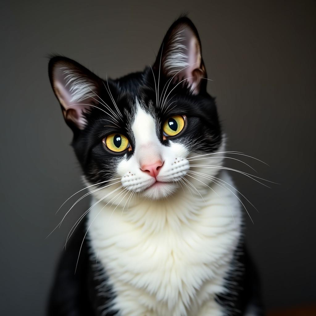 A photograph of a black and white cat with bright yellow eyes. The cat has a fluffy fur texture and a curious expression. The background is neutral and soft-focused.