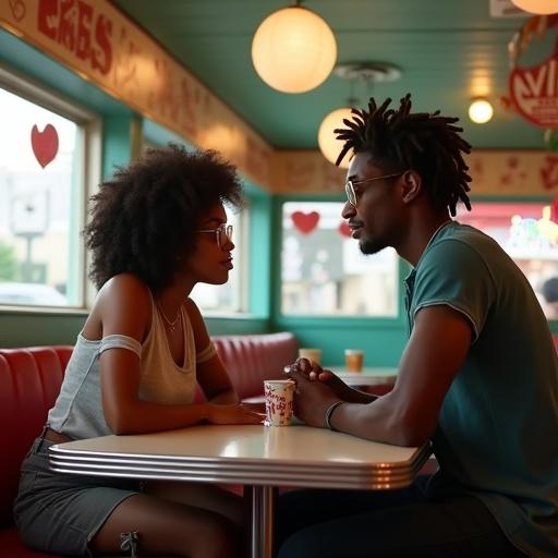 A vintage 1950s diner setting with a couple at a table. Dark skinned male with dreadlocks and glasses. Dark skinned female with curly hair wearing glasses. Soft warm lighting enhances the nostalgic vibe. Retro decor and classic diner elements add character.