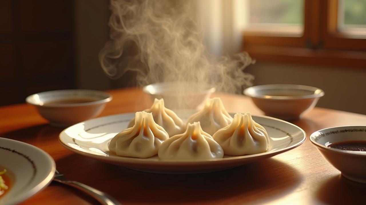 The image captures the essence of a warm winter gathering. In the center, a plate holds steaming hot dumplings, their translucent skin revealing plush fillings within. A delicate steam rises, indicating their freshness. The setting includes small dishes of soy sauce and vinegar, enhancing the dining experience. The soft, warm light permeates the cozy indoor atmosphere. This scene evokes a sense of comfort and familial bonding, perfect for winter evenings.