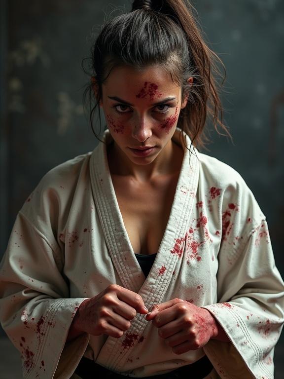 Full body image of a realistic athletic woman with asymmetrical hairstyle. Worn-out and dirty karate gi. Blood smudges on body. Heavy bruises on face. Exhausted but focused on winning the fight. Bloody fists held up. MMA arena backdrop.