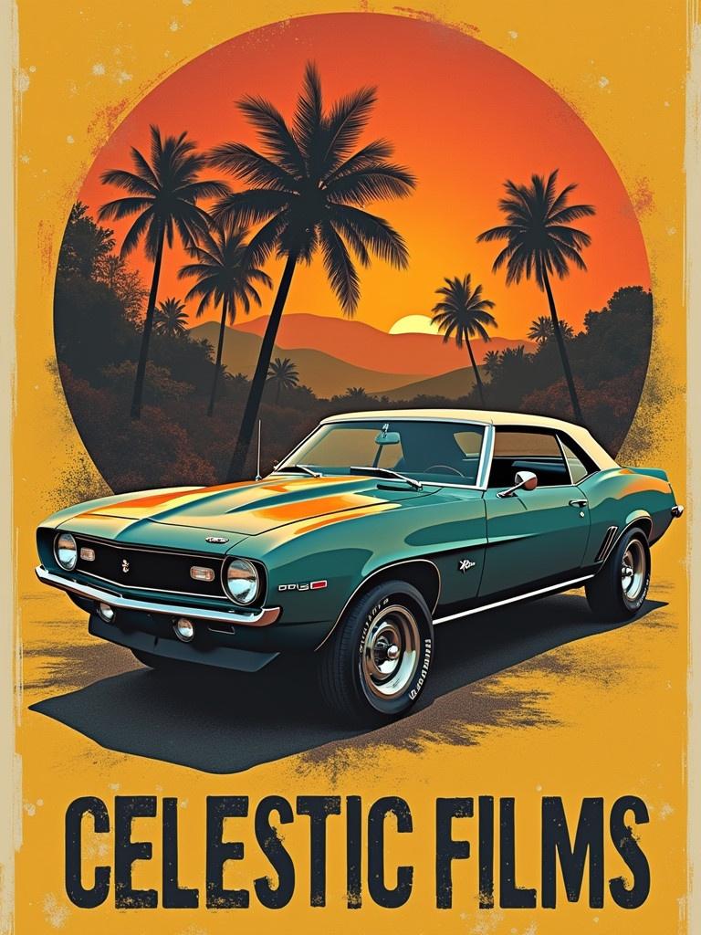 Celestic Films presents a vintage car on a sunset background. Palm trees frame the scene. The car is classic and beautifully detailed. Bold lettering is displayed at the bottom.