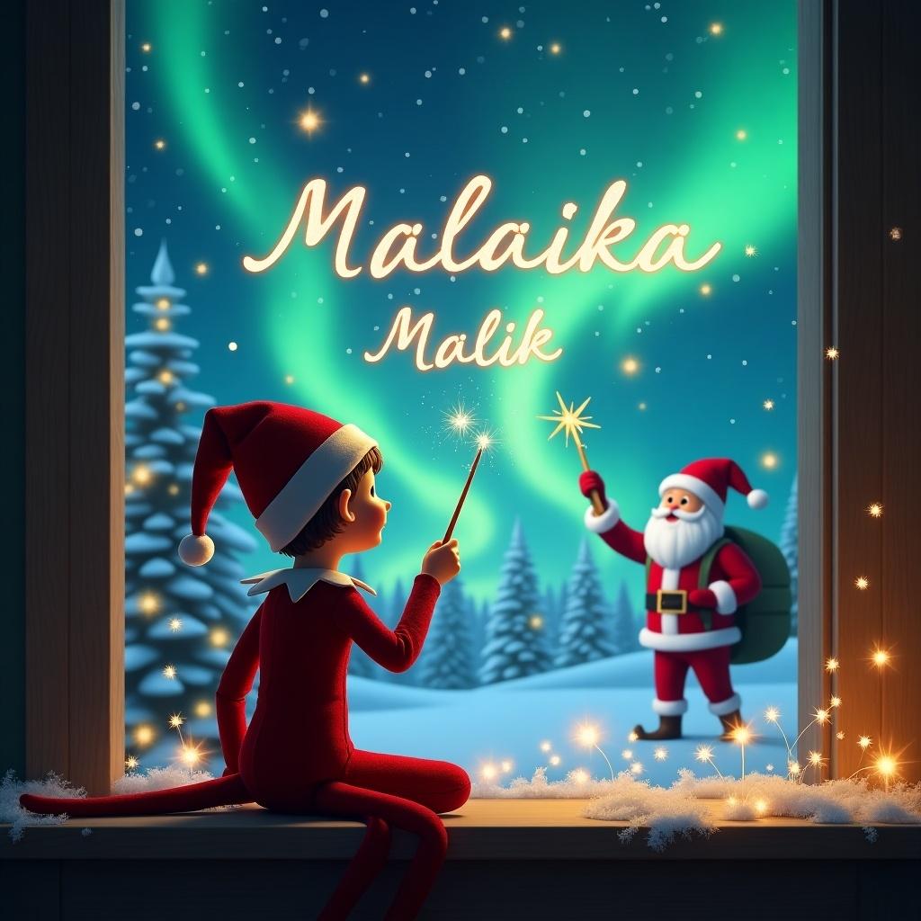 Elf on the shelf facing the sky. Wand in hand. Magical Christmas background. Northern lights and Santa. Writing names in the air.