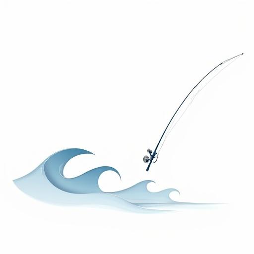 Minimalist geometric fishing rod casting a line over subtle waves. Clean lines and simple shapes dominate the design. White background with deep blue accents. Text integrated into the wave design reads 'Find peace in the rhythm of the cast.'