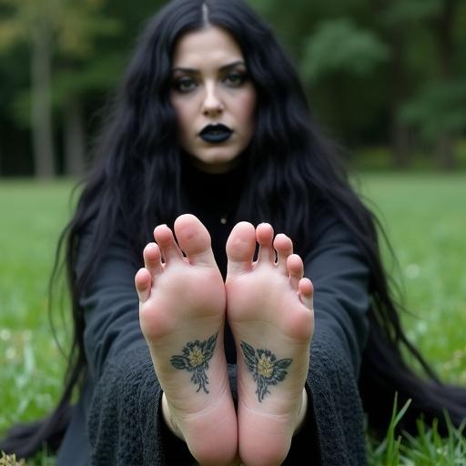 Mature goth woman with long black hair and black lips sitting on grass. Her feet are bare showing tattoo designs on soles.