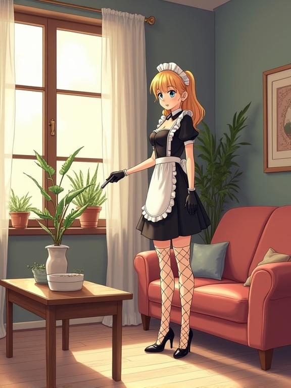 Anime-style illustration of a female character in a maid outfit standing in a living room. Character has a playful expression while interacting with a plant. Room features a couch, plants, and a table.