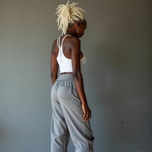 Elderly black African woman with white dreadlocks styled in a bun wearing torn grey trackpants and a holey tank top showing bare feet