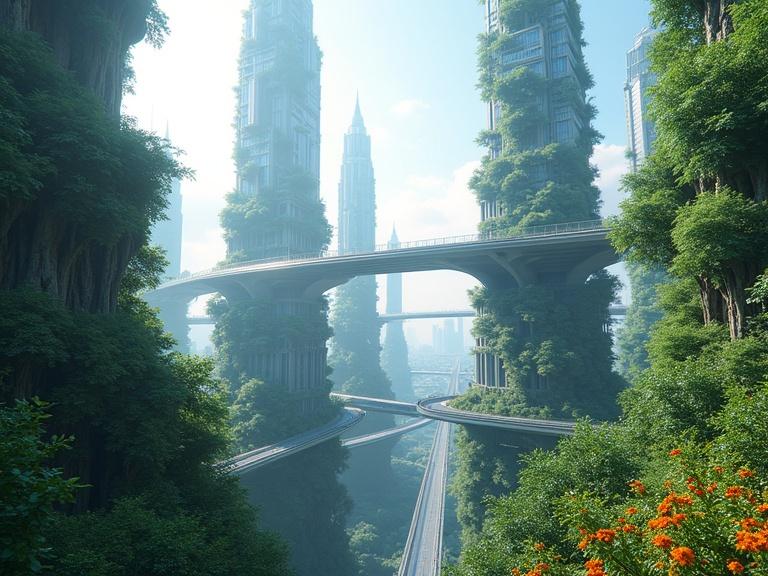 A futuristic city with towering skyscrapers interconnected by multi-layered bridges. Each skyscraper features abundant greenery with trees and flowers, resembling a natural forest. Scene depicted during daylight, showcasing an ultra-realistic aesthetic.