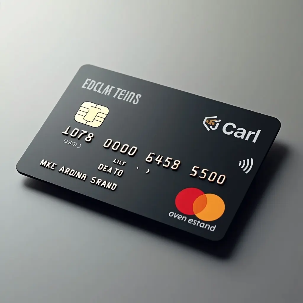 Realistic image of a credit card. Modern and sleek design. Mastercard logo visible. Card number displayed prominently. Cardholder's name aligned. Expiry date shown at the bottom. Standard credit card representation. Notable background.