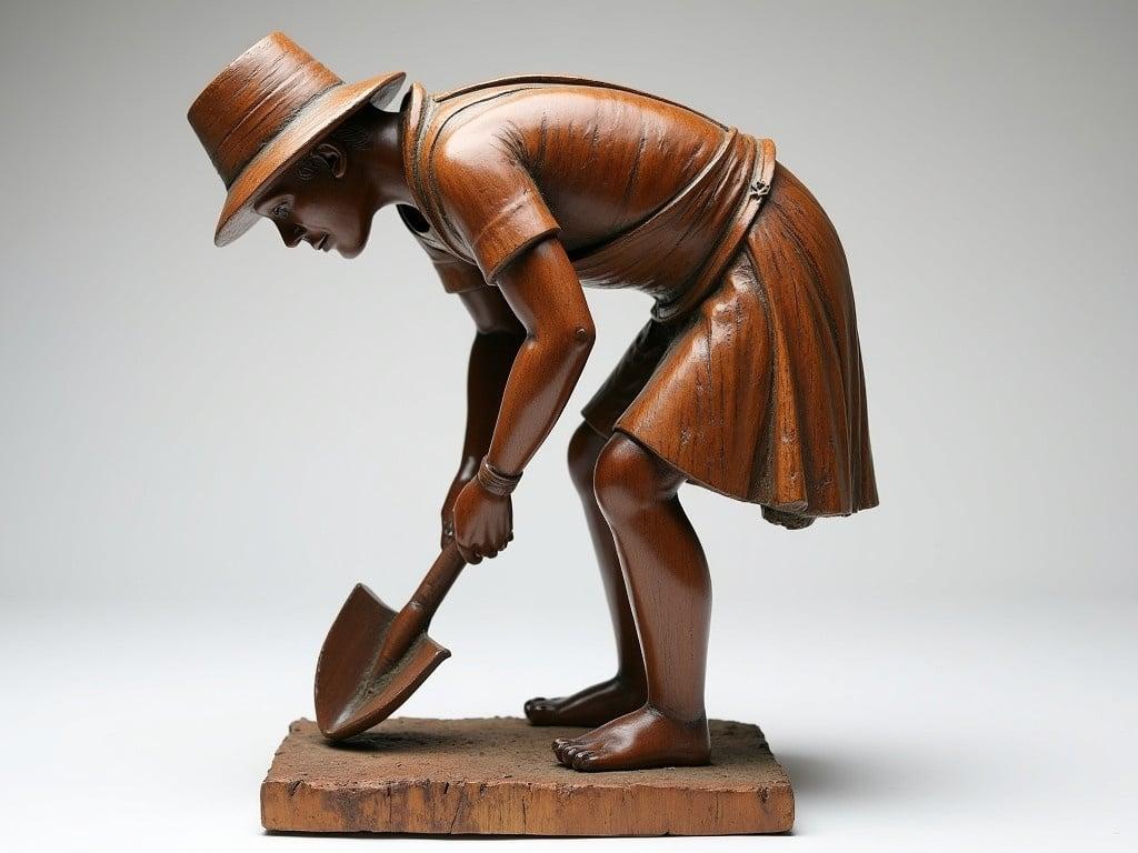 This is a side view of a wooden sculpture depicting a figure in the act of digging. The figure is leaning forward, holding a shovel while bending slightly at the waist. The hat the figure is wearing is slightly visible from this angle, along with details of the clothing such as an apron. The feet are positioned firmly on the ground, demonstrating stability. The wooden texture is evident, showing the craftsmanship in the carving. The entire pose conveys a sense of hard work and dedication.