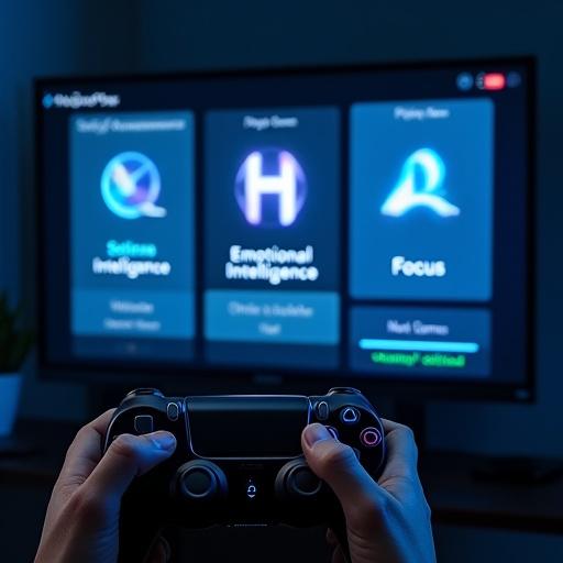 Realistic PS5 menu screen on TV with a hand holding a controller. Player switches from Self-Awareness to Emotional Intelligence. Dark theme with neon highlights. Blurred games like Resilience and Focus. Notification of New Mission Unlocked and level progress displayed. Modern font and futuristic design elements.
