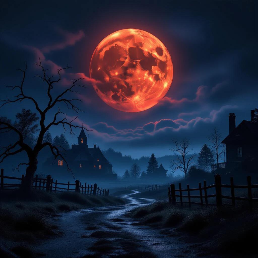 Blood moon illuminates a haunted landscape. Spooky trees loom in shadows. Houses are silhouetted against the night. The scene is hyper-realistic and cinematic. The atmosphere is chilling and mysterious.