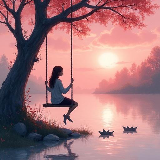 A young woman sits on a swing tied to a gnarled tree. She watches paper boats drift on a quiet stream. The background features a pink sunset. The scene conveys a wistful tone with gentle watercolor textures.