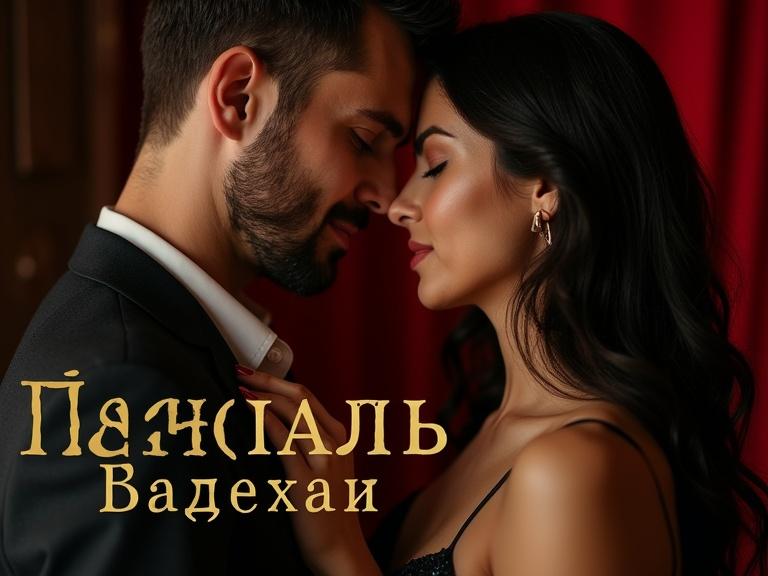 Close-up of a man and woman in romantic pose. Man wears dark suit jacket. Woman in dark lace dress. Background is deep red. Strong highlights emphasize their intimacy. Gold Cyrillic title overlays the image.