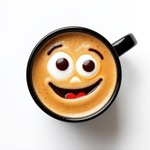 Black mug filled with coffee showing a funny face made from coffee foam. The mug is round. The background is white.