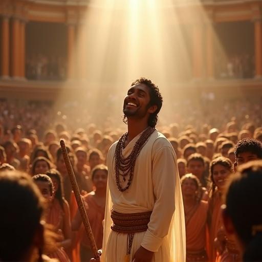 Grand royal arena filled with eager spectators from Hastinapura. Majestic spotlight falls on Yudhishthira. He lifts his head proudly with a soft joyful smile. White royal garments shimmer under the light. Nearby, Duryodhana watches. Jealousy and frustration marks his expression. Atmosphere charged with admiration and envy.