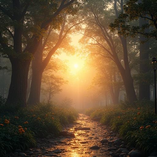 Scene depicting the birth of nature with light piercing through the trees with a stream flowing through a forest. The image captures a hyper-realistic garden with vibrant colors and breathtaking details rendered using advanced technology.