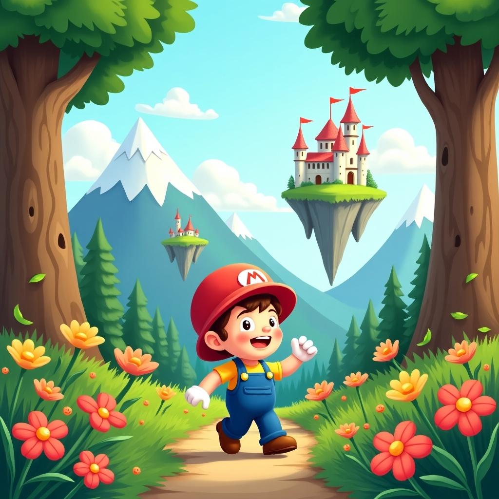 Vibrant illustration of a cartoon character with a red hat and overalls walking in a lush forest. Surrounding colorful flowers enhance the scene. Two towering trees frame the character. Background features floating islands with castles amidst snow-capped mountains.