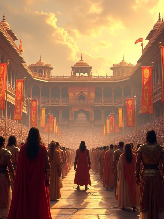 A grand open-air arena in ancient Hastinapur filled with citizens and warriors. Platforms made of marble, colorful banners with emblems fluttering. Kauravas and Pandavas stand in traditional armor. The sky is golden-orange, suggesting late afternoon. The atmosphere is festive but intense. It conveys an ancient Indian epic theme with detailed artistic representation.