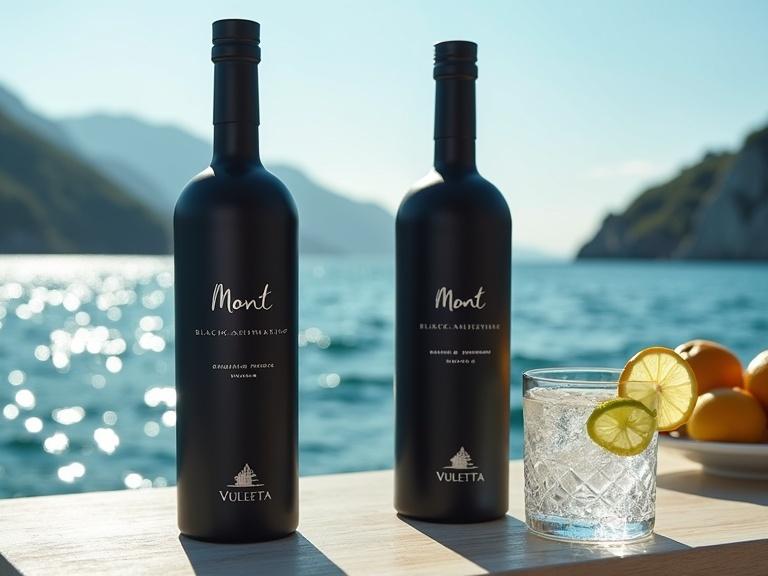 Chic Adriatic yacht deck scene featuring Mont Black Classic and Mont Black Aromatic vodka bottles. Handwritten text by Vuletta. Organic vodka made in Montenegro. Silver engraving of Mount Lovcen on luxurious black bottles placed on modern table. Deep blue water and boat wake sparkle in sunlight. Bottles show condensation. White minimalist text highlights The Spirit of Montenegro. Crystal glasses with ice and lemon garnish enhance the scene.