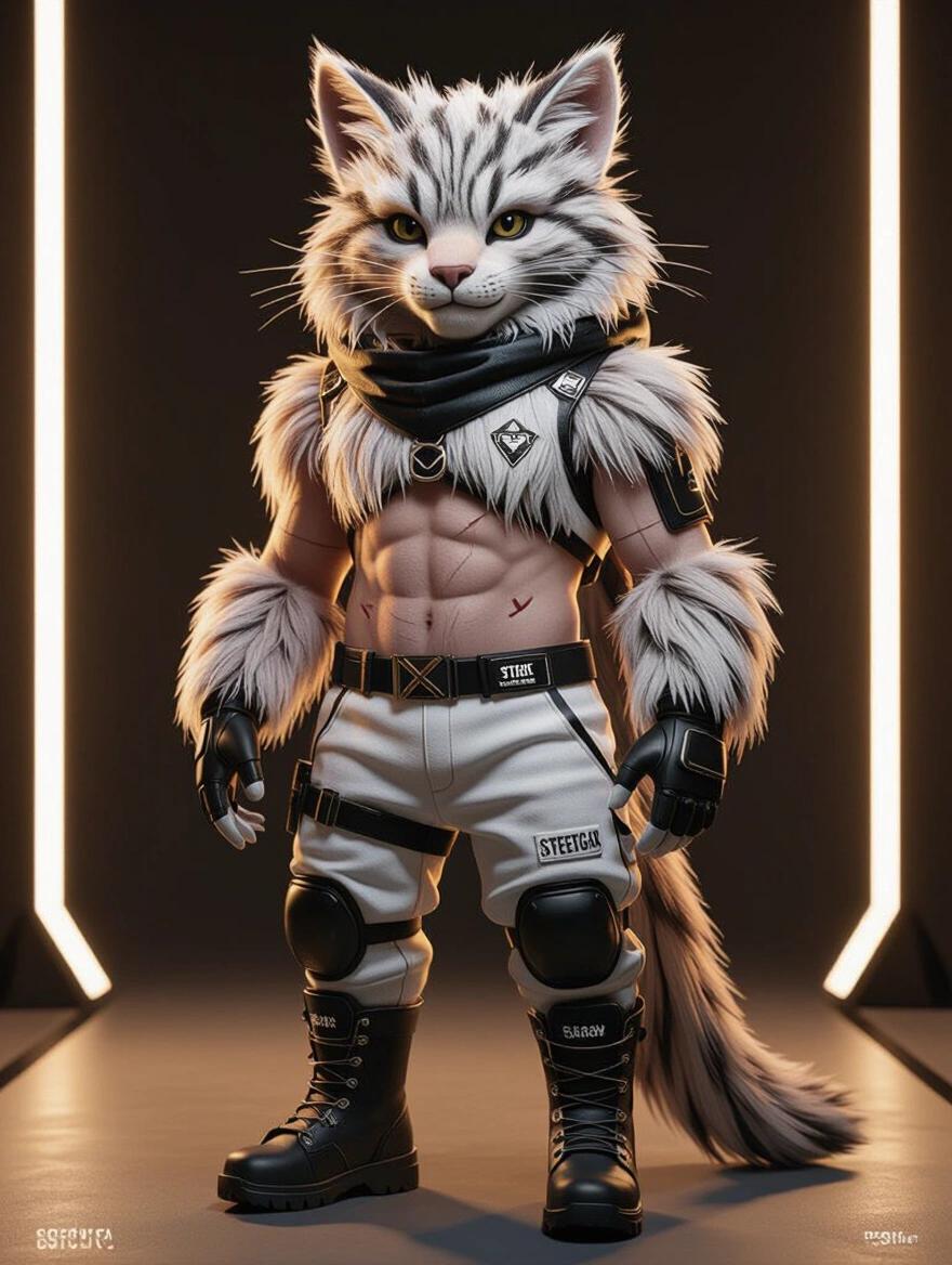Photorealistic original humanoid character designed for streetwear. Full-body view of a unique creature with detailed textured fur and minimal futuristic accessories. Enhanced with golden lighting. Realistic imperfections visible. Sharp focus and no background.