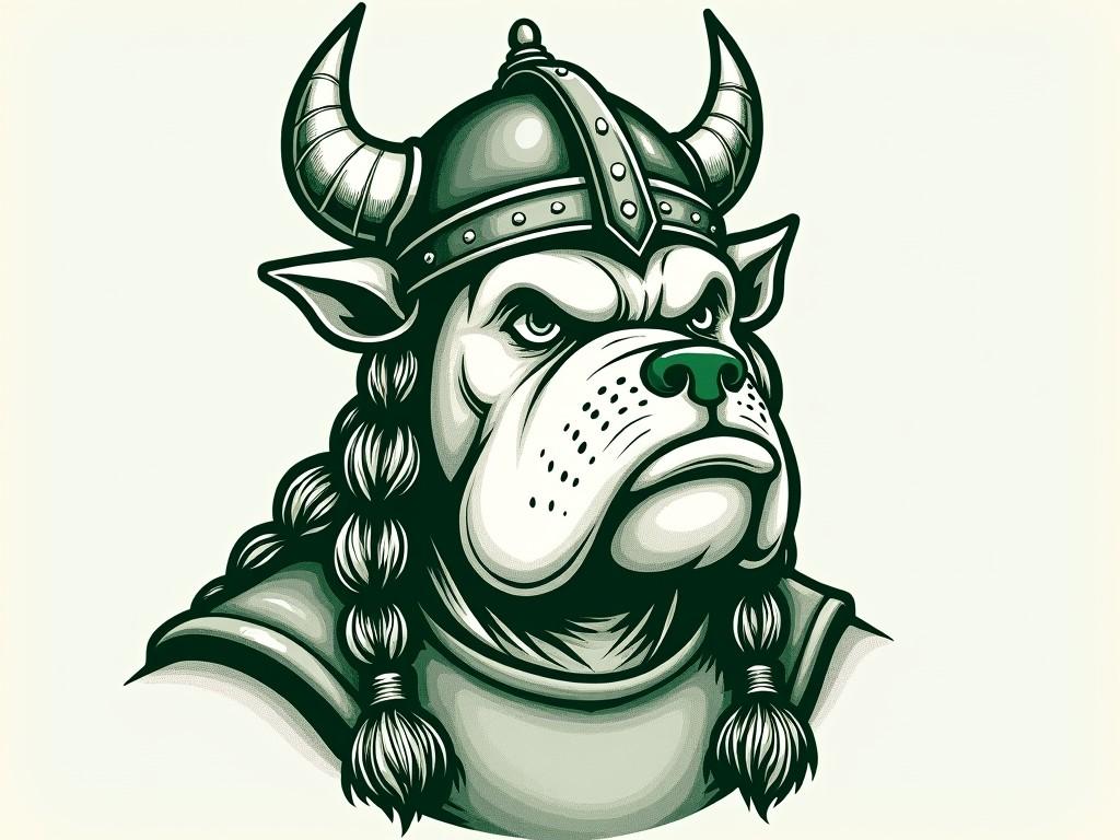 This illustration features a stylized depiction of a bulldog with Viking attributes. The bulldog wears a traditional horned Viking helmet and sports braided hair. The monochrome color scheme enhances the bold and fierce expression, adding a touch of humor given the mix of a historical figure with an animal representation.