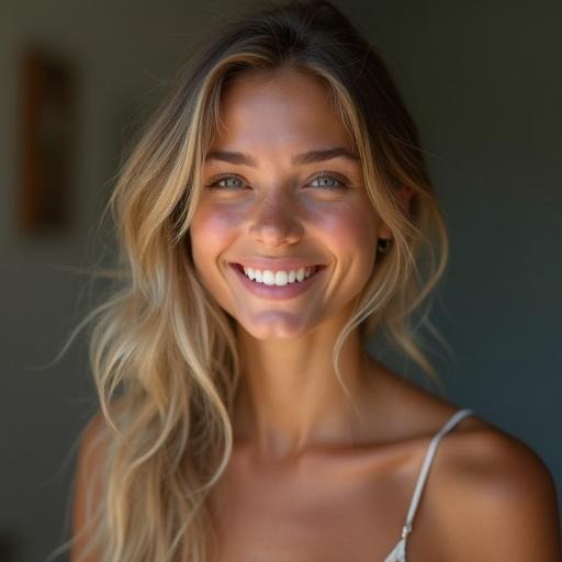 Portrait of a young woman with a beautiful smile. She has a natural look. Soft features and glowing skin. Hair is wavy and light. The setting is bright and inviting.