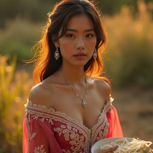 A woman in embroidered traditional clothing and silver jewelry poses elegantly. She has glossy brown hair and almond-shaped eyes. Flawless skin glows under warm cinematic lighting. Background features soft bokeh lights, creating an atmospheric effect. Shot in high resolution with professional photography techniques.