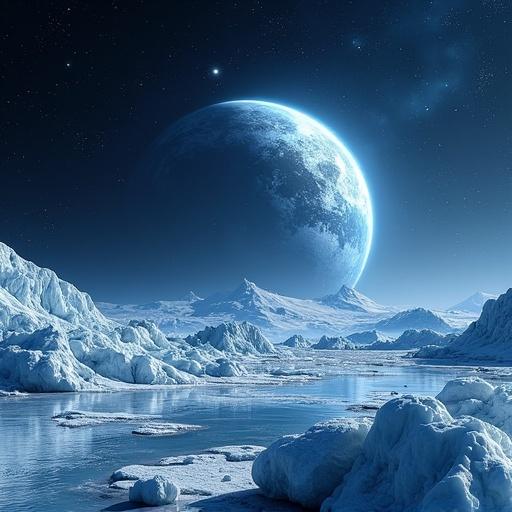 An ice planet depicted in outer space. The landscape features icy terrains and a large planet visible in the sky. A serene and cold atmosphere dominates the scene.