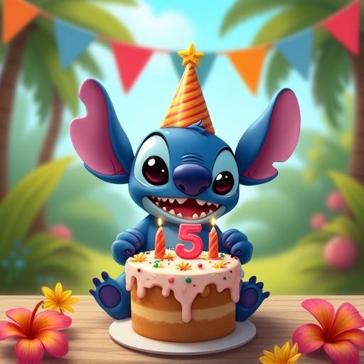 Happy Stitch character celebrates his 5th birthday with a colorful cake in a tropical park. Background features flowers and festive decorations.