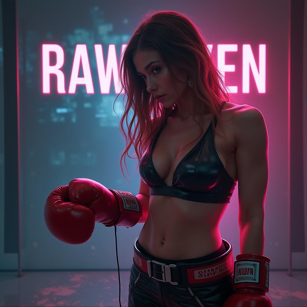 Futuristic art of a muscular woman wearing small boxing gloves. Album cover design for DJ Hypertronixx with stylish text.
