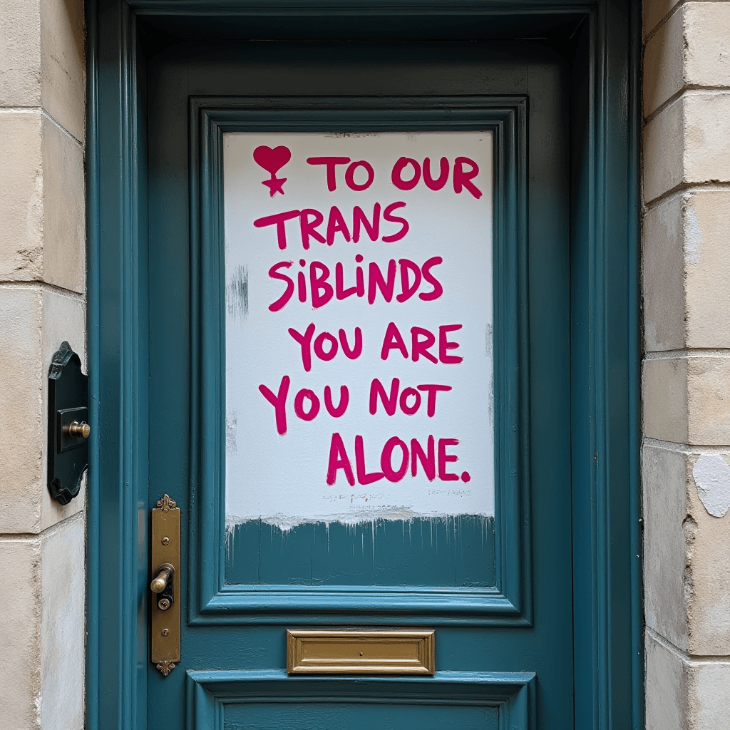 A handwritten sign with a supportive message for trans individuals is displayed on a teal door.