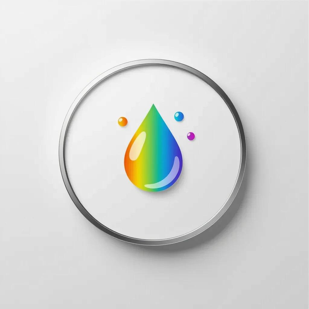 Minimalist icon featuring geometric silver brush tip. Large rainbow droplet in center with three tiny splashes in cyan yellow and purple. Clean white background. Soft shadows enhance the droplet. 85% negative space creates focus on colors.