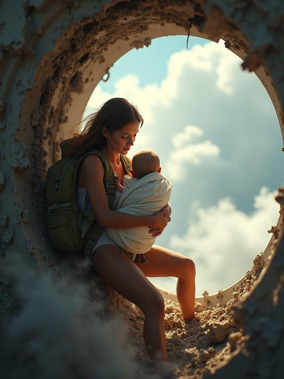 A young mother pushes her swaddled baby through a hole in a disintegrating airplane fuselage. The baby is in a white fabric parachute carrier. The scene evokes urgency and action. The setting is dramatic with clouds in the background.