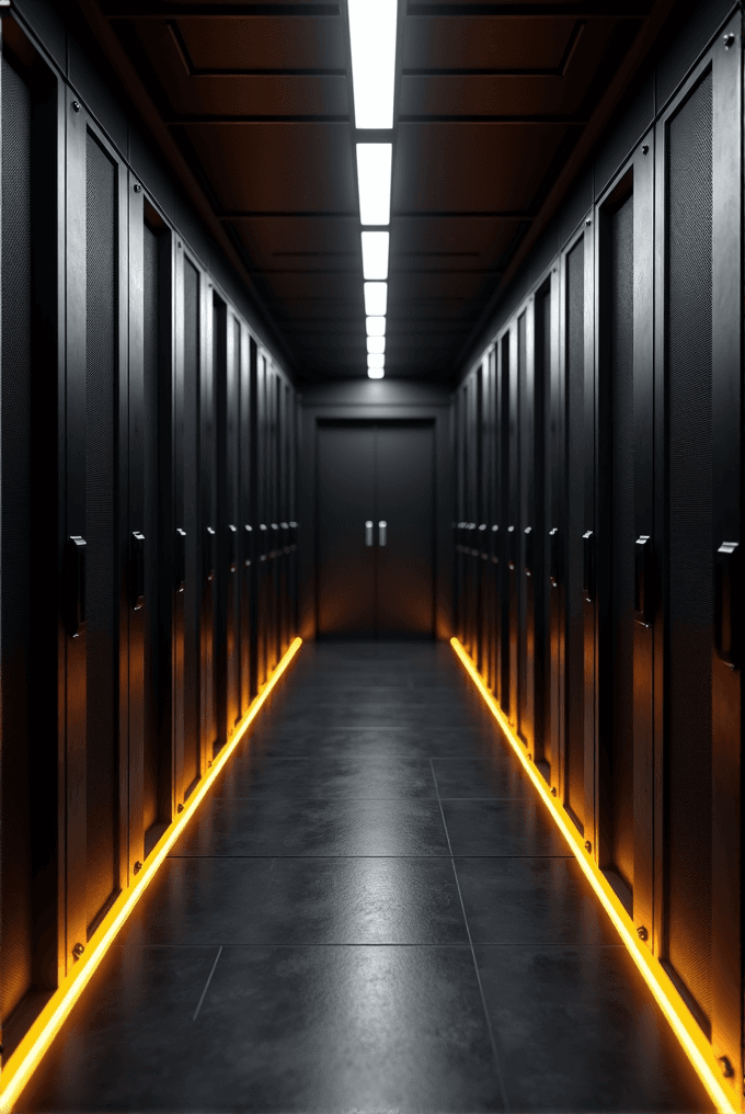 A futuristic hallway lined with black server racks, illuminated by bright overhead lights and glowing orange floor lights.