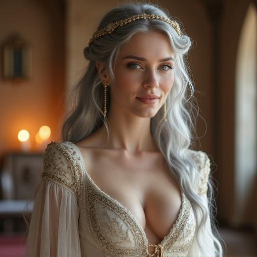 Masterpiece showcasing a 25-year-old woman with long silver hair and a braided crown. She wears an elegant gown embellished with delicate embroidery. The scene is set in a grand candlelit hall featuring arched windows and stone columns. Soft magical lighting enhances the ethereal atmosphere. This artwork illustrates noble fashion of a medieval aristocrat.