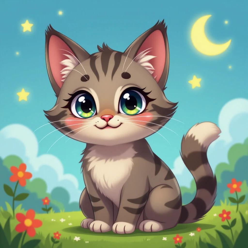 Character image of a cute cat for a virtual pet game. Cat has large eyes and a friendly smile. Soft fur with gray stripes. Bright background with flowers and stars. Assistant is cheerful and inviting.