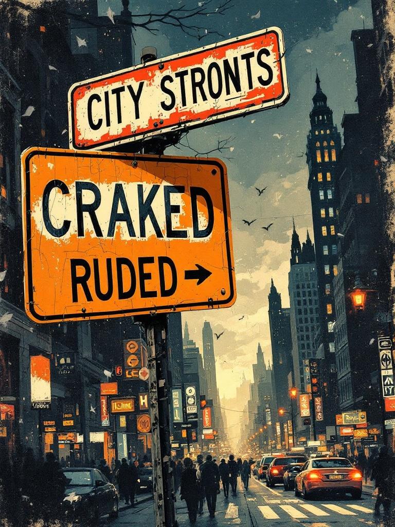 This piece portrays a conceptual Dadaist urban landscape featuring street signs that seem almost nonsensical yet reflective of the urban culture. The signs are weathered, symbolic of a crumbling city under an oppressive sky. People bustle around, unaware of the chaotic meanings behind the signs, representing a disconnect with their environment. The buildings loom ominously, adding to the sense of gloom. The artwork is both a critique and an exploration of urban life, making it perfect for a mail art piece.