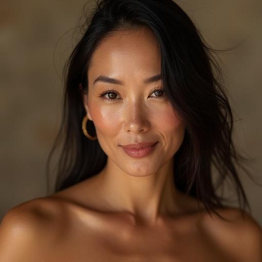 Beautiful portrait of a woman with long hair. She has a warm expression. Natural light enhances her features.