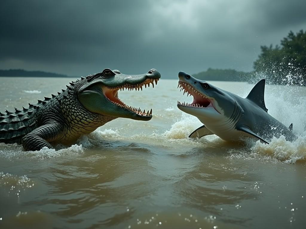 The image depicts a dramatic encounter between a crocodile and a shark in murky waters. Both creatures exhibit aggressive postures and reveal their sharp teeth, emphasizing the tension of the moment. The dark, overcast sky contributes to the ominous atmosphere surrounding the scene. Water splashes around them, highlighting their dynamic movement. This imaginative scenario suggests a fierce competition for dominance in their aquatic environment.