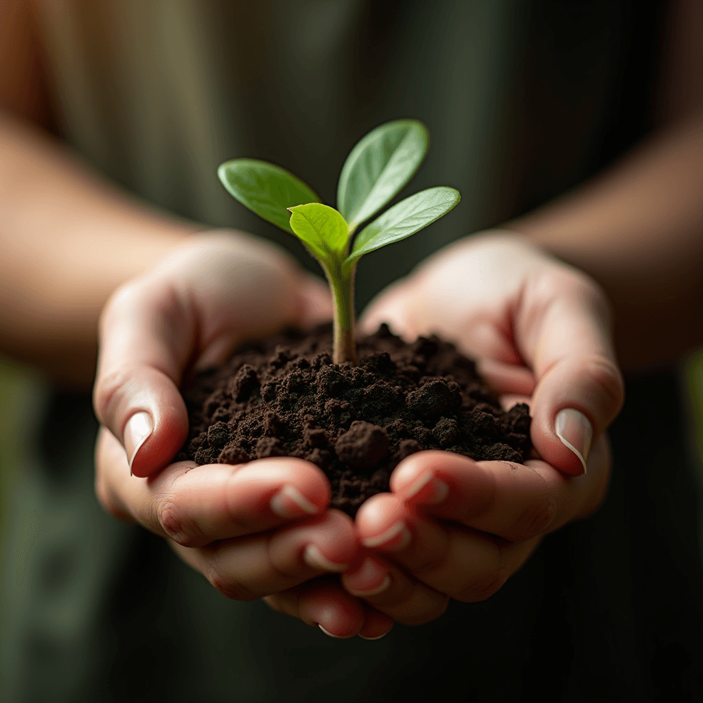 Hands gently holding a small green sprout emerging from rich, dark soil.