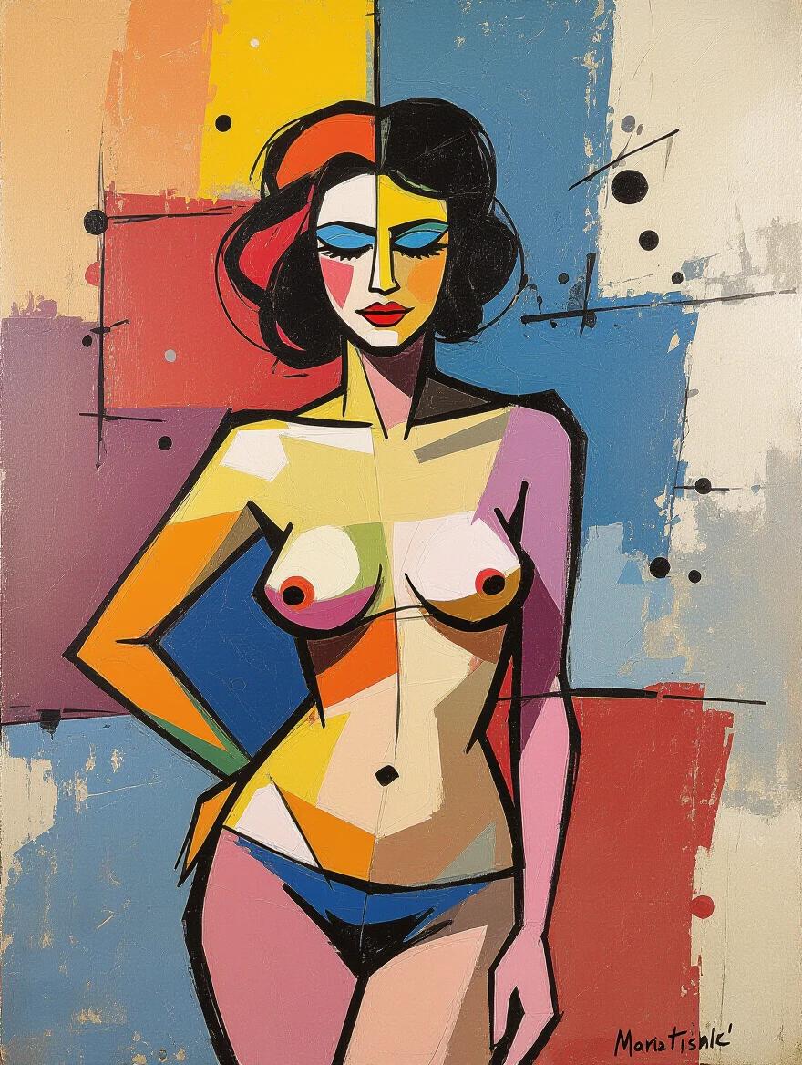 Abstract oil painting featuring a nude model. Colorful geometric shapes in the background. Erratic and bizarre design elements.