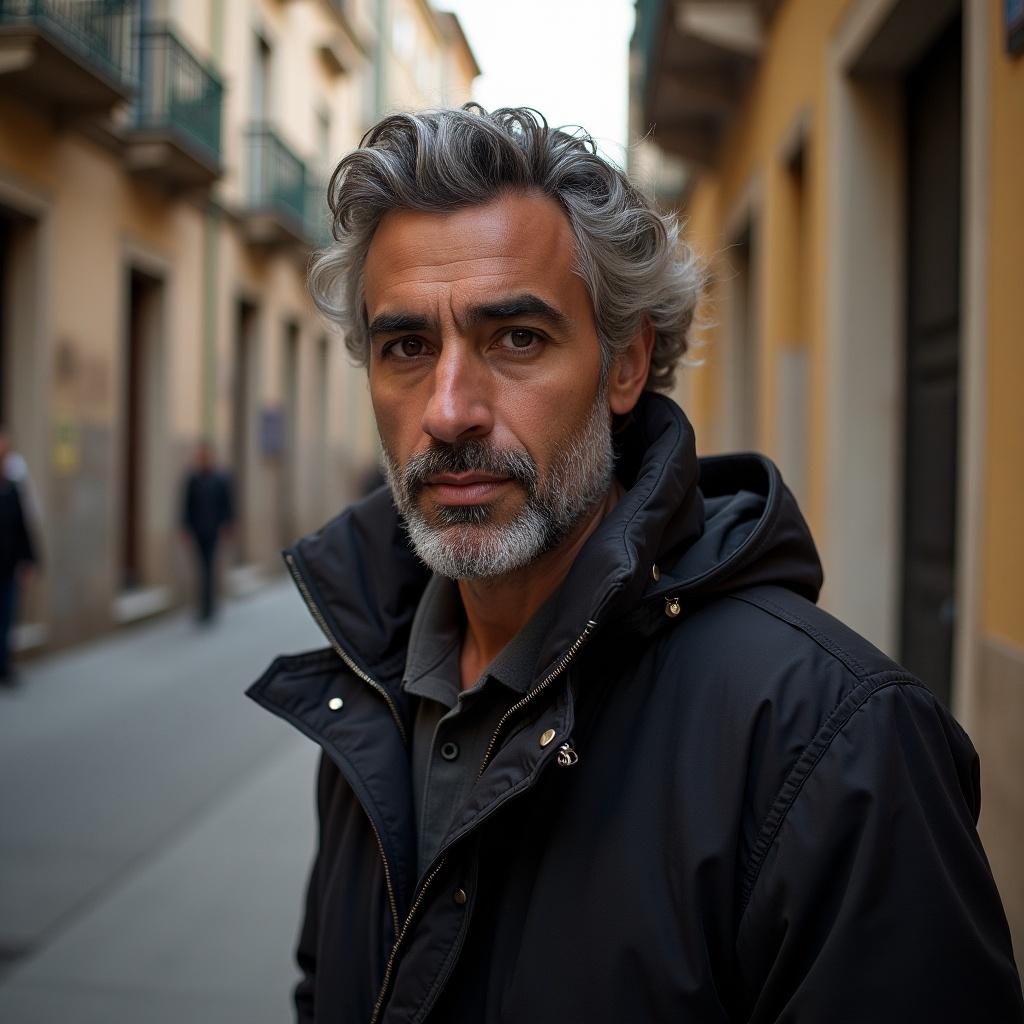 A person with gray hair stands on a city street wearing a black coat. The background features buildings and people walking. The focus is on the person in the foreground.