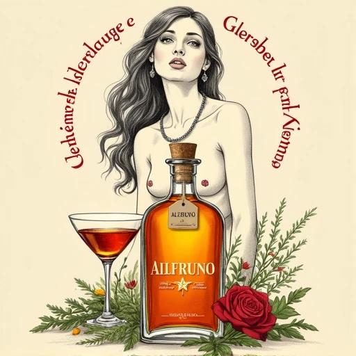 An artistic illustration of an apothecary-style bottle filled with herbal liqueur. Bottle is corked and labeled 'ALFRUNO'. Two stemmed glasses filled with the liquid beside the bottle. Surrounding elements include green herbs, wildflowers, and a rose. Above the bottle, a detailed line drawing of a woman's upper body with flowing hair. Soft earthy tones are used for shading. Background is muted beige with circular text in red. Layout is symmetrical and elegant.