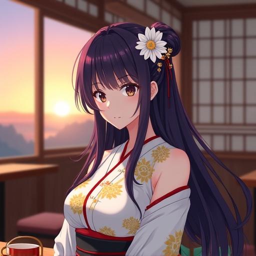 Anime woman with dark violet long hair styled in an updo. She wears a white kimono with golden floral designs and a black obi belt. The setting is a traditional Japanese café at dusk with soft lighting and wooden interior.