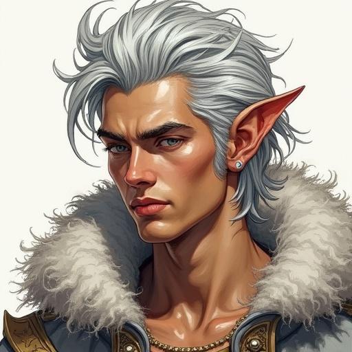Colorful drawing of a young man with horns. Demigod with concept of half-human half-beast. Platinum hair and youthful appearance with horns. Wears fantasy clothing.