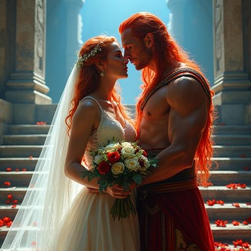 Couple stands on grand temple stairs. Woman wears a flowing wedding dress. She holds a bouquet of roses. Man wears a red elven outfit. His muscular physique is visible. Intense atmosphere filled with petals. Bright blue light shines down. Scene evokes a sense of magic and mystery.
