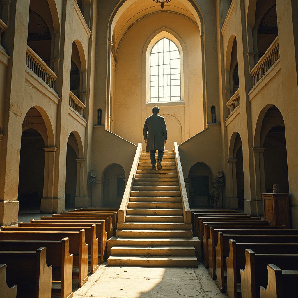 A person is ascending a staircase in a sunlit, spacious hall with arched architecture.