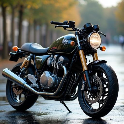 Image of a clean and shiny motorcycle in a picturesque setting. The motorcycle is sleek with chrome accents and a strong design.