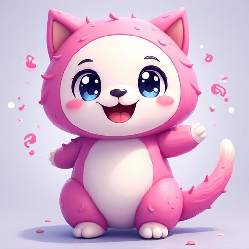 A cute pink cat-like character named Kiki. Kiki wears a playful costume and smiles broadly. Great for promoting a translation bot on Discord. Bright colors enhance the joyful aspect.